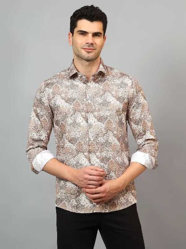 Men's Henley T-Shirts for a Casual TwistMen's Brown Party Abstract Print Full Sleeve Shirt