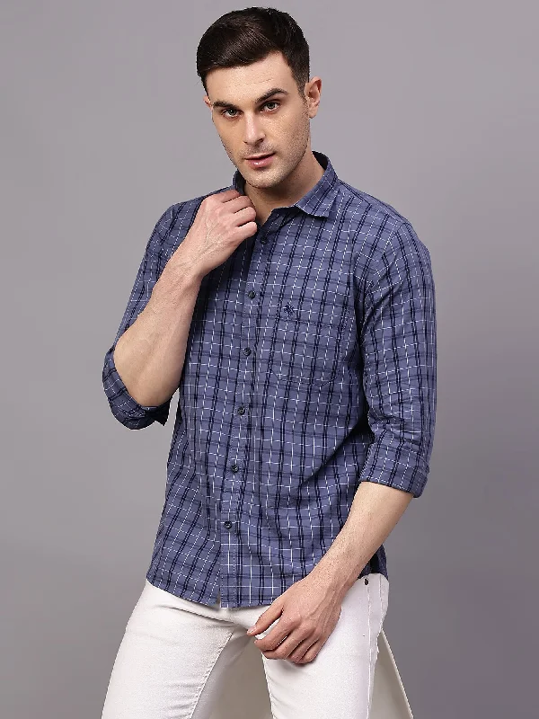 Men's Color-Blocking Shirts for a Statement LookMen's Navy Blue Casual Medium Checks Full Sleeve Shirt