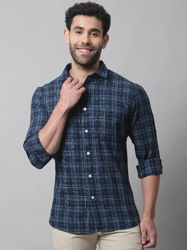 Layered Men's Henley ShirtsMen's Navy Blue Casual Big Checks Full Sleeve Shirt