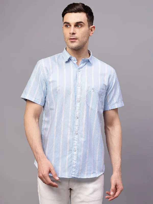 Men's Custom-Fit Shirts for a Personalized LookMen's Sky Blue Casual Broad Stripe Half sleeve Shirt