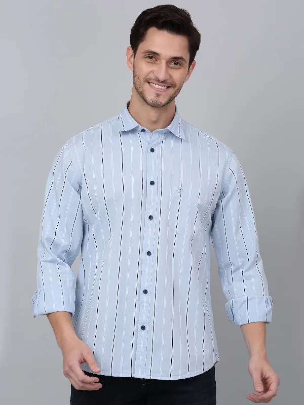 Versatile Men's Short-Sleeve ShirtsMen's Sky Blue Casual Broad Stripe Full Sleeve Shirt