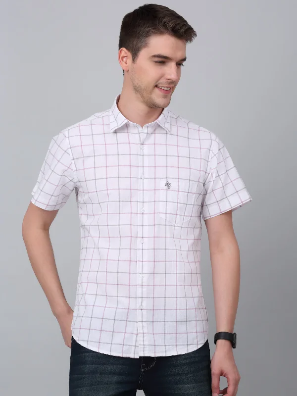 Men's Logo T-Shirts for Brand RepresentationMen's White Casual Medium Checks Half sleeve Shirt