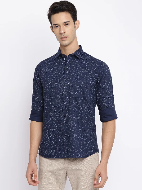 Men's Pattern-Clashing Shirts for Bold FashionMen's Navy Blue Casual Floral Print Full Sleeve Shirt