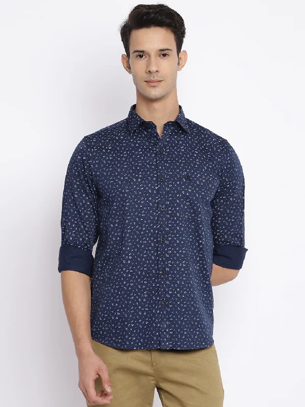 Men's Checkered Shirts for a Retro FeelMen's Navy Blue Casual Floral Print Full Sleeve Shirt