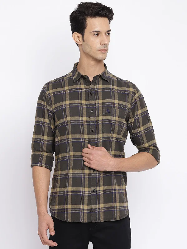 Men's Solid-Colored Shirts for VersatilityMen's Olive Green Casual Big Checks Full Sleeve Shirt