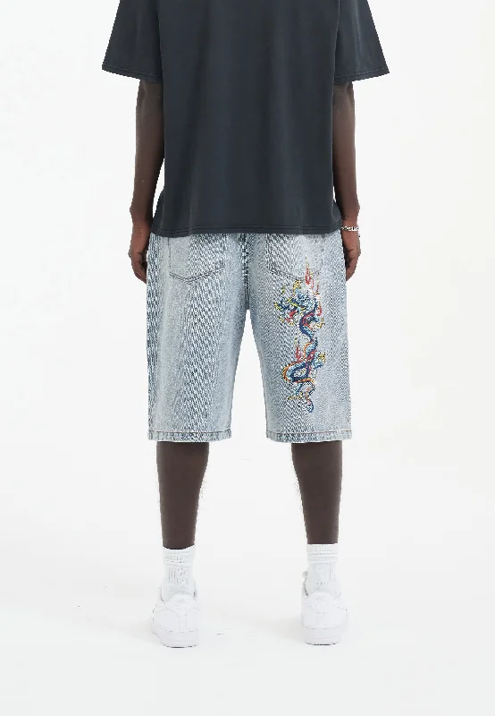 Men's Pants with Button-Down PocketsMens Battle-Dragon Diamante Denim Jorts Shorts - Bleach