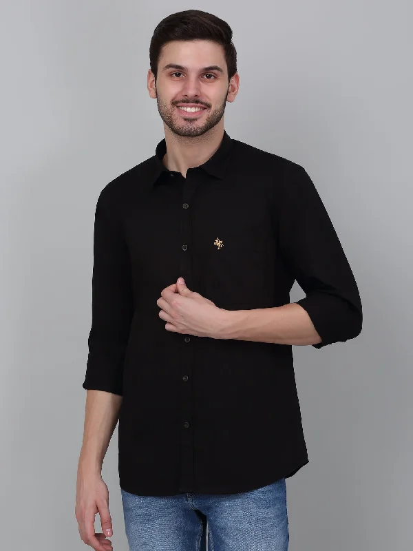 Men's Machine-Washable Shirts for ConvenienceMen's Black Solid Full Sleeve Casual Shirt