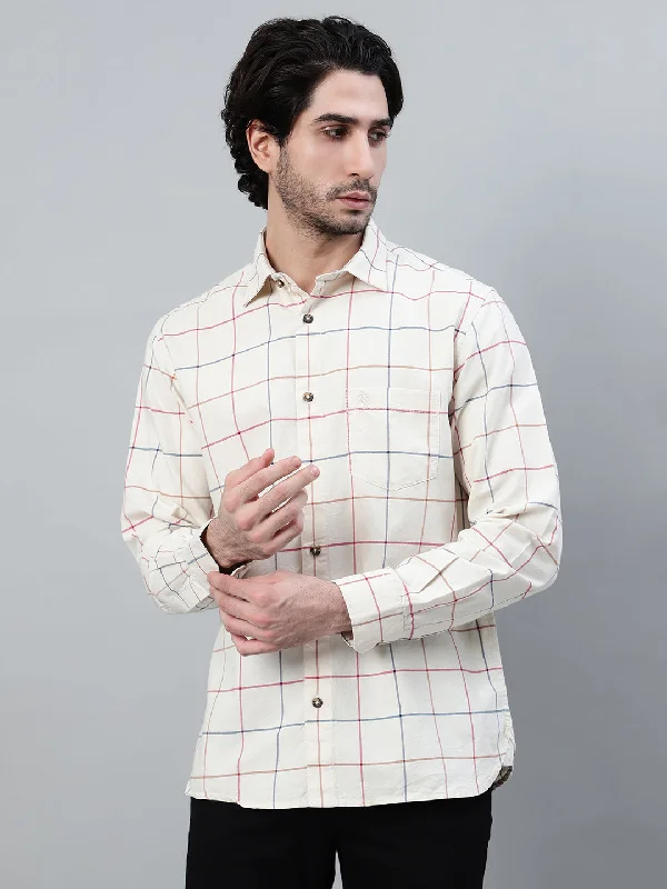 Lightweight Men's Poplin ShirtsMen's Cream Checkered Full Sleeve Casual Shirt