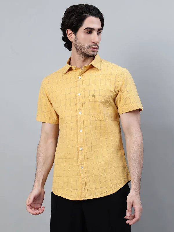 Men's Solid-Color Button-Down Shirts for VersatilityMen's Mustard Checkered Half Sleeve Casual Shirt