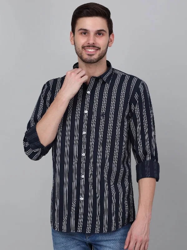 Stylish Men's Graphic T-ShirtsMen's Navy Blue Striped Full Sleeve Casual Shirt