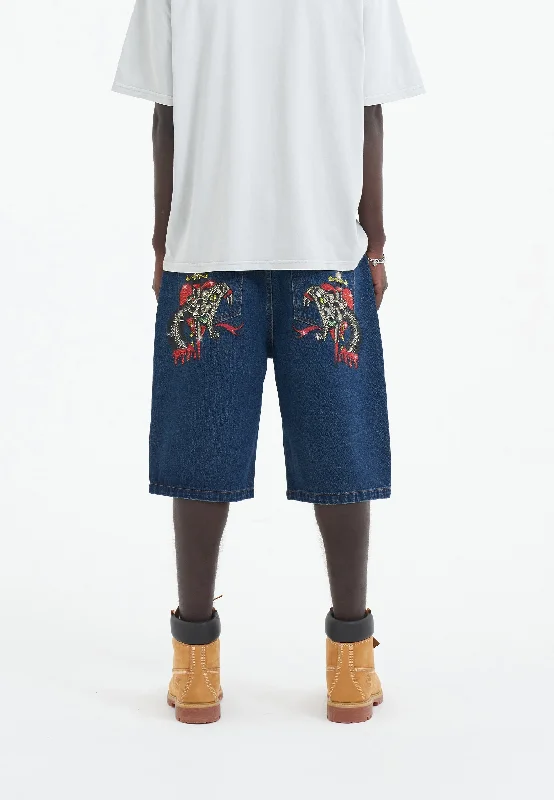 Men's Drawstring Pants for AdjustabilityMens Sever Snake Diamante Denim Jorts Shorts  - Indigo