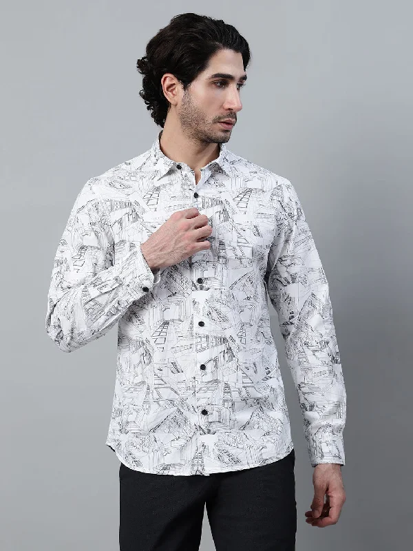 Men's Pattern-Play Shirts for a Fun TwistMen's White Printed Full Sleeve Casual Shirt