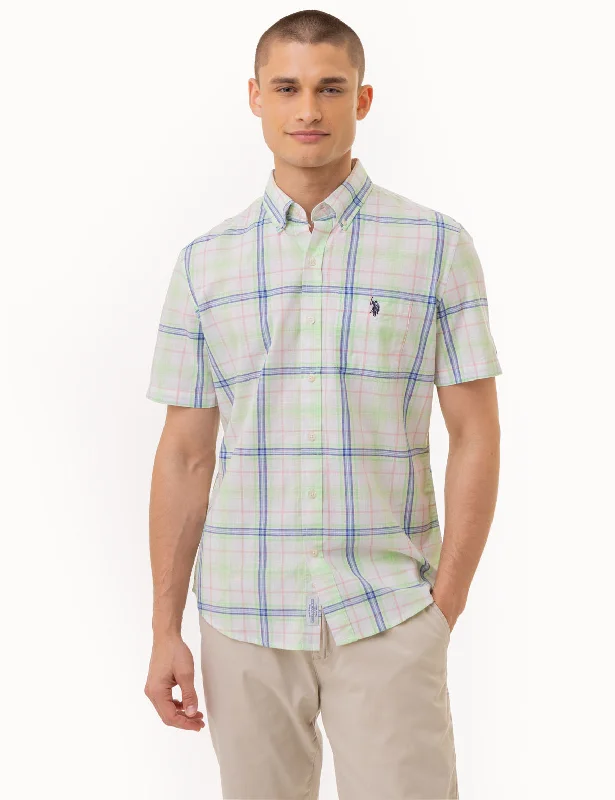 Men's Pattern-Clashing Shirts for Bold FashionPLAID POPLIN WOVEN SHORT SLEEVE SHIRT