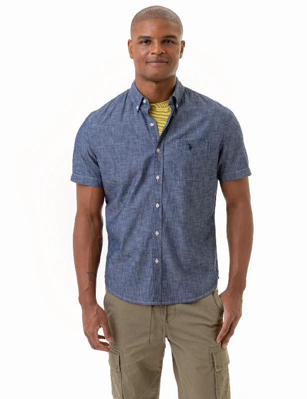 Men's Wingtip-Collar Shirts for a Classic TouchSHORT SLEEVE SLUB CHAMBRAY WOVEN SHIRT