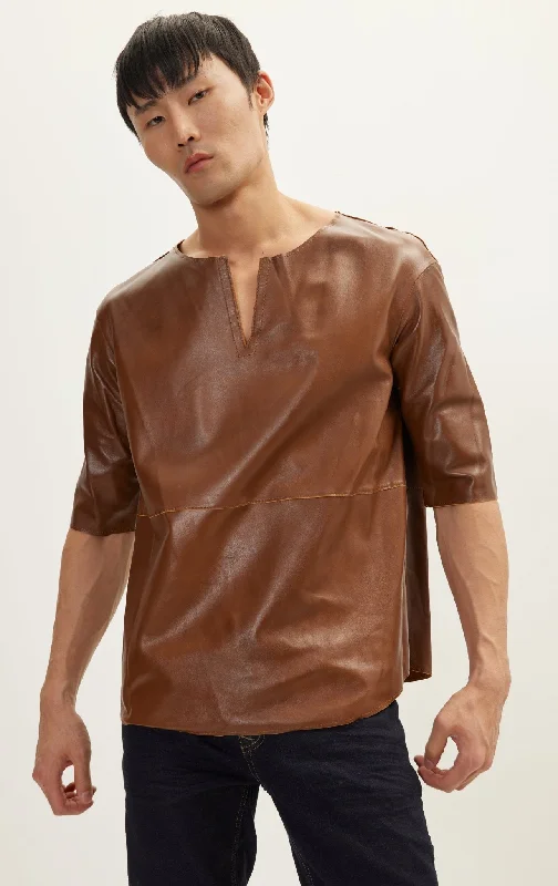 Affordable Men's Winter CoatsThe Lambskin Leather Three Quarter V Neck Shirt  - Brown