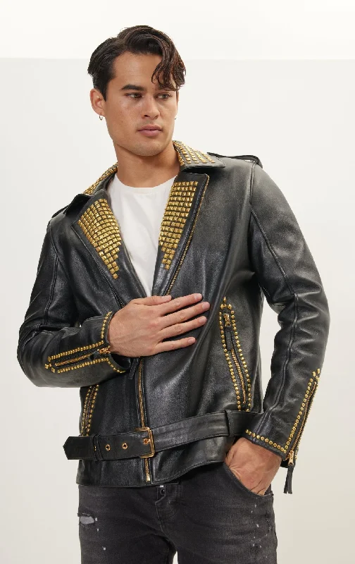 Men's Coats with Multi-Pocket DesignStudded Lambskin Leather Jacket  - Black Gold