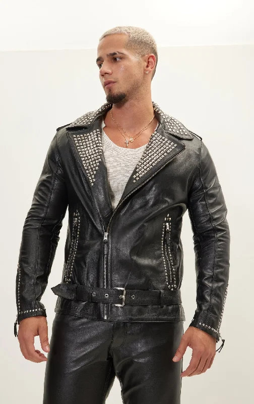 Men's Coats with Relaxed FitsStudded Lambskin Leather Jacket - Black Silver