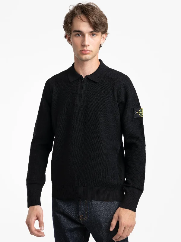 Men's Sweaters for Outdoor ActivitiesBlack Compass-Badge Knitted Polo Shirt