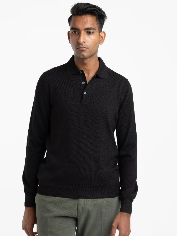 Fashionable Men's Crew-Neck SweatersBlack Extra Fine Merino Wool Polo Shirt