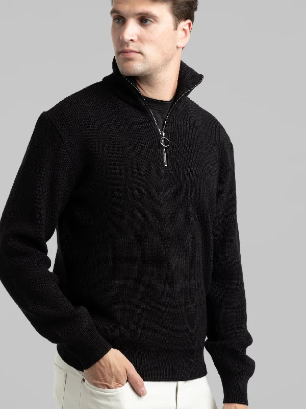 Men's Sweaters with Ribbed HemsBlack Quarter-Zip Ribbed Knit