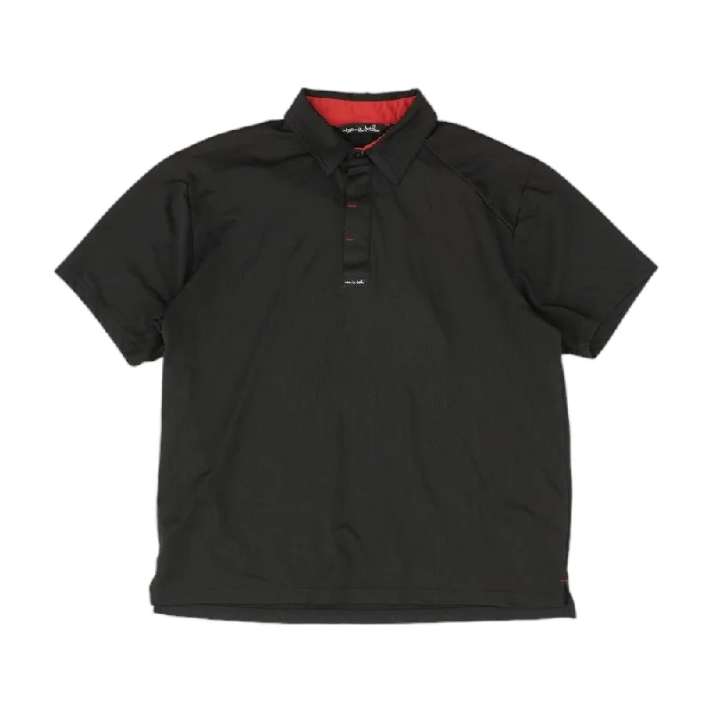 Men's Shirts with Lace-Up HemlinesBlack Solid Short Sleeve Polo