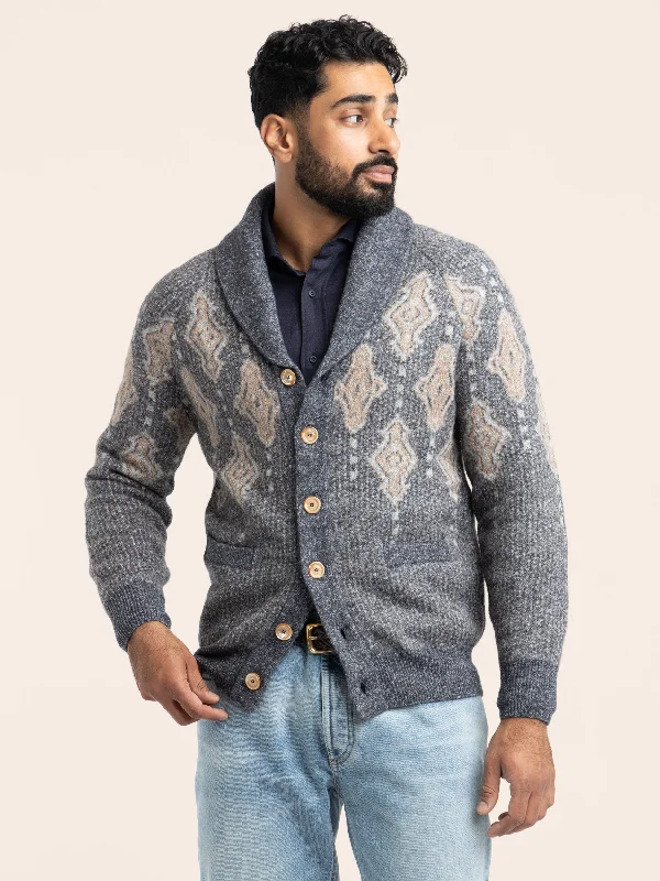 Men's Sweaters with BeadsBlue Geometric Jacquard Cardigan