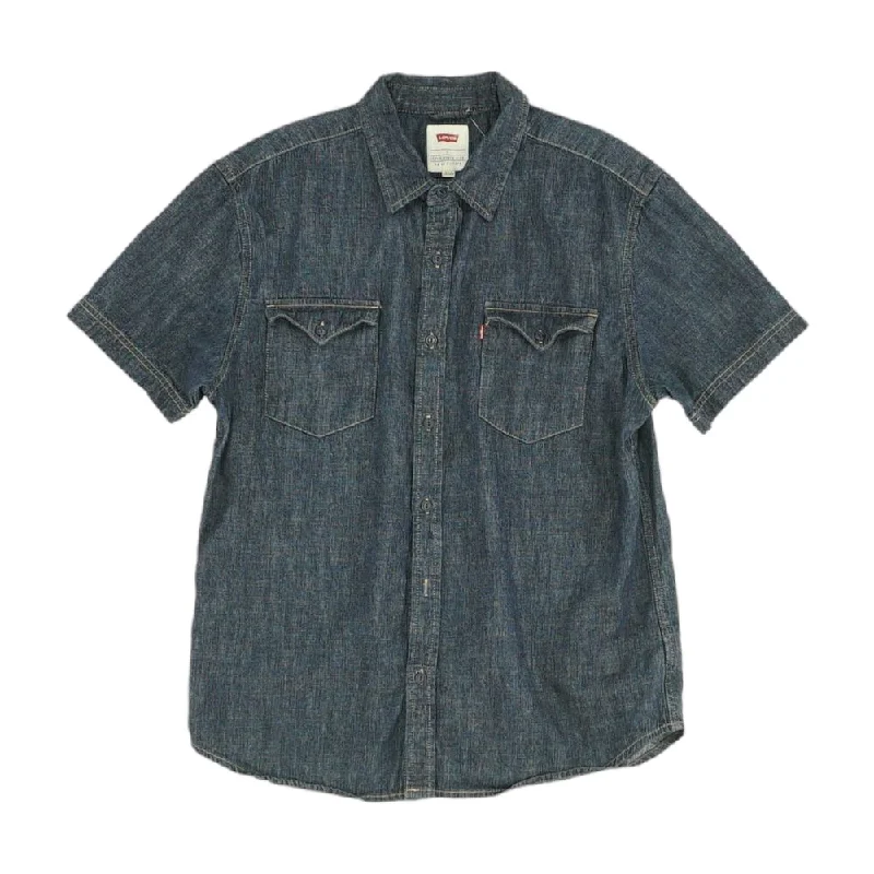 Men's Shirts with Contrast StitchingBlue Solid Short Sleeve Button Down