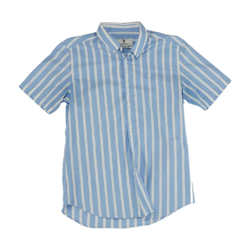 Men's Shirts with Patchwork SleevesBlue Striped Short Sleeve Button Down