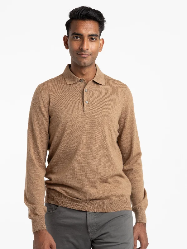 Men's Sweaters with High-Low HemlinesCamel Brown Extra Fine Merino Wool Polo Shirt