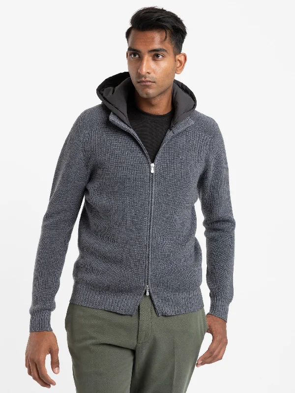 Men's Sweaters for Mild WeatherCharcoal Grey Rain Wool Detachable Hooded Sweater