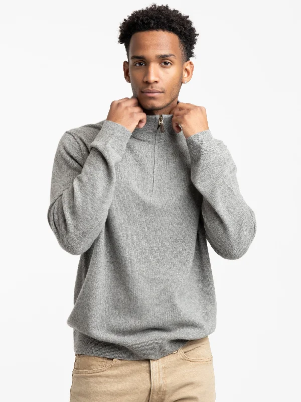 Men's Sweaters with Three-Quarter SleevesHeather Grey Wool Piqué Quarter-Zip Sweater