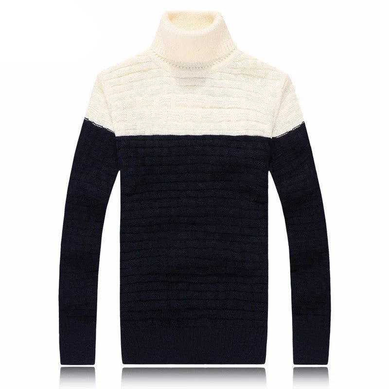 Men's Sweaters with Dropped ShouldersHigh-Necked Wool Sweater with Slit Color Design