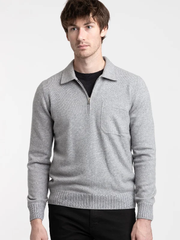 Men's Sweaters with Zippered PocketsLight Grey Cashmere Quarter-Zip Polo Knit