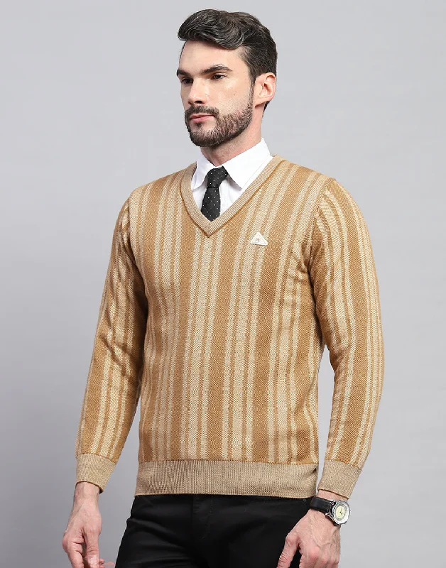 Men's Sweaters with Short SleevesMen Beige Stripe V Neck Full Sleeve Pullover