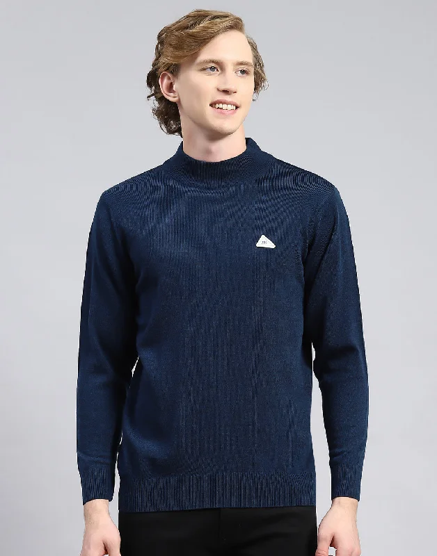 Warm Men's Hooded SweatersMen Blue Solid Turtle Neck Full Sleeve Pullover