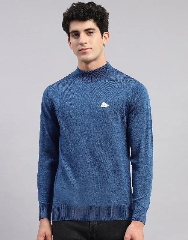 Men's Sweaters with Asymmetrical HemlinesMen Blue Solid Turtle Neck Full Sleeve Pullover