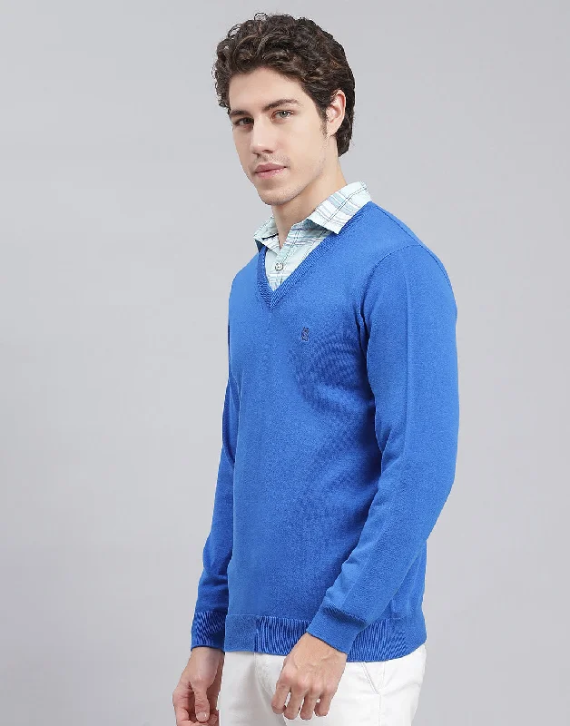 Warm Men's Hooded SweatersMen Blue Solid V Neck Full Sleeve Pullover