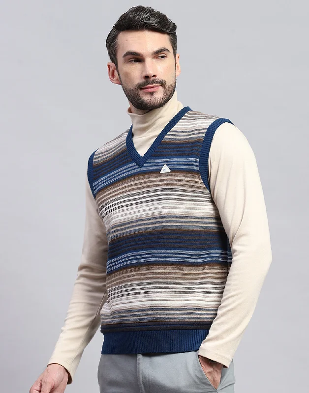 Men's Sweaters with Zippered PocketsMen Blue Stripe V Neck Sleeveless Sweater