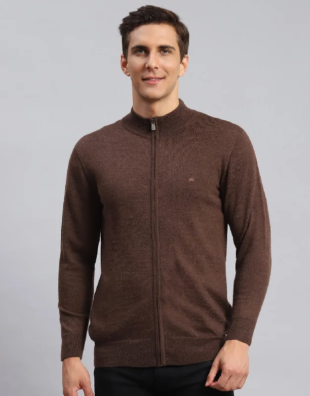 Men's Sweaters with Stand-Up CollarsMen Brown Solid Stand Collar Full Sleeve Pullover