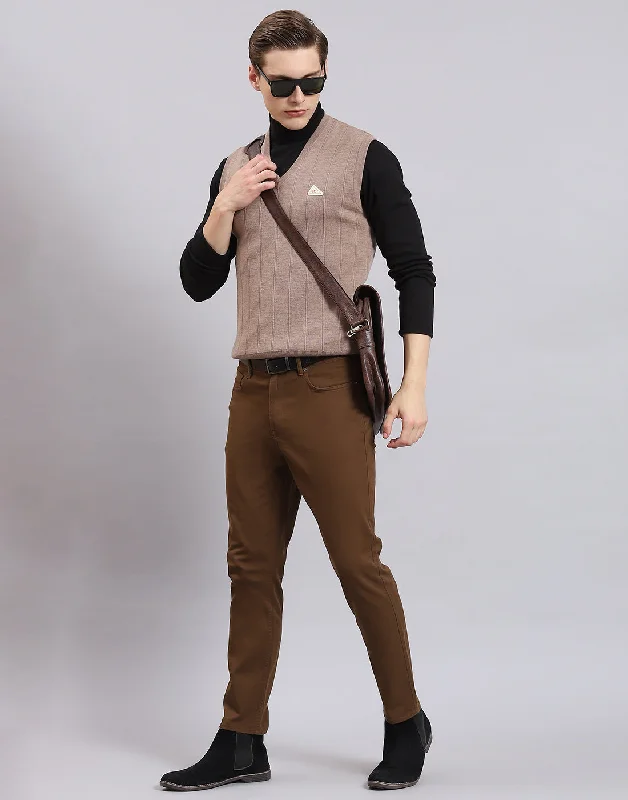 Men's Sweaters with ZippersMen Brown Solid V Neck Sleeveless Sweater