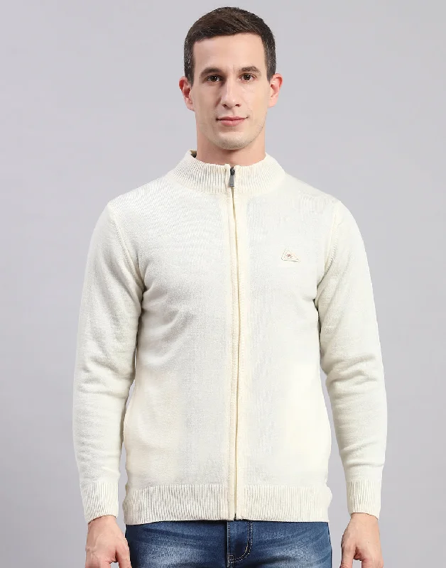 Warm Men's Hooded SweatersMen Cream Solid Stand Collar Full Sleeve Pullover