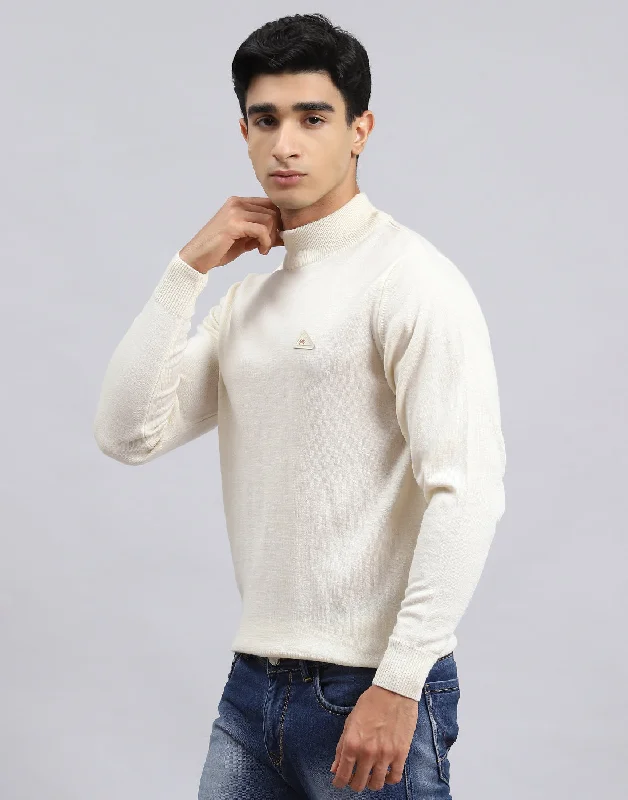 Men's Sweaters with Mock-Neck DesignsMen Cream Solid Turtle Neck Full Sleeve Pullover