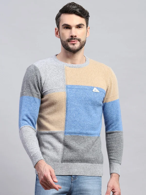 Men's Sweaters with Asymmetrical HemlinesMen Grey Colourblocked Round Neck Full Sleeve Pullover