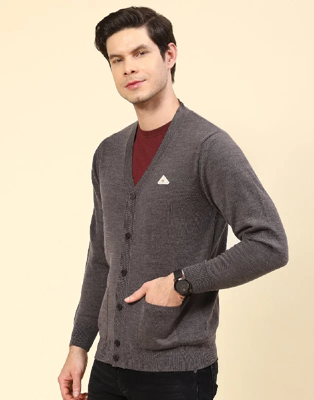 Durable Men's Acrylic SweatersMen Grey Solid V Neck Full Sleeve Cardigan