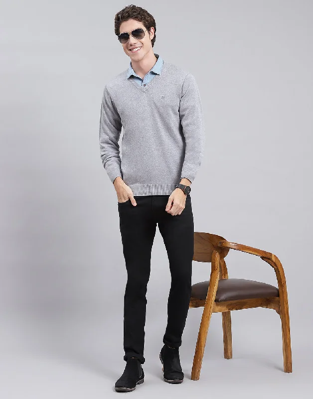 Men's Sweaters with ThumbholesMen Grey Solid V Neck Full Sleeve Pullover