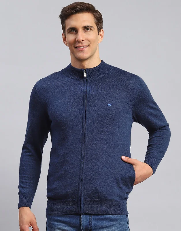 Men's Sweaters with ButtonsMen Navy Blue Solid Stand Collar Full Sleeve Pullover