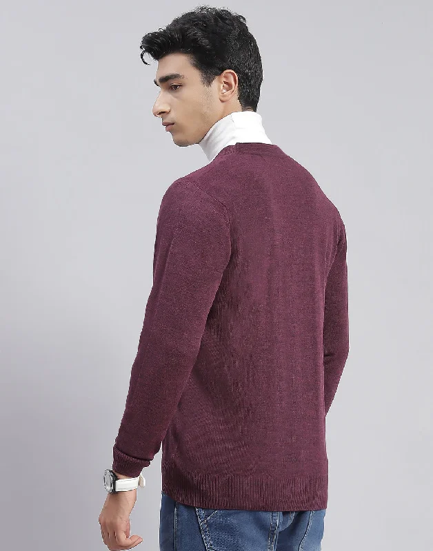 Cozy Men's Cable-Knit SweatersMen Purple Solid V Neck Full Sleeve Cardigan