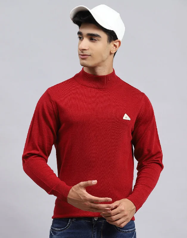 Comfortable Men's Cotton SweatersMen Red Solid Turtle Neck Full Sleeve Pullover