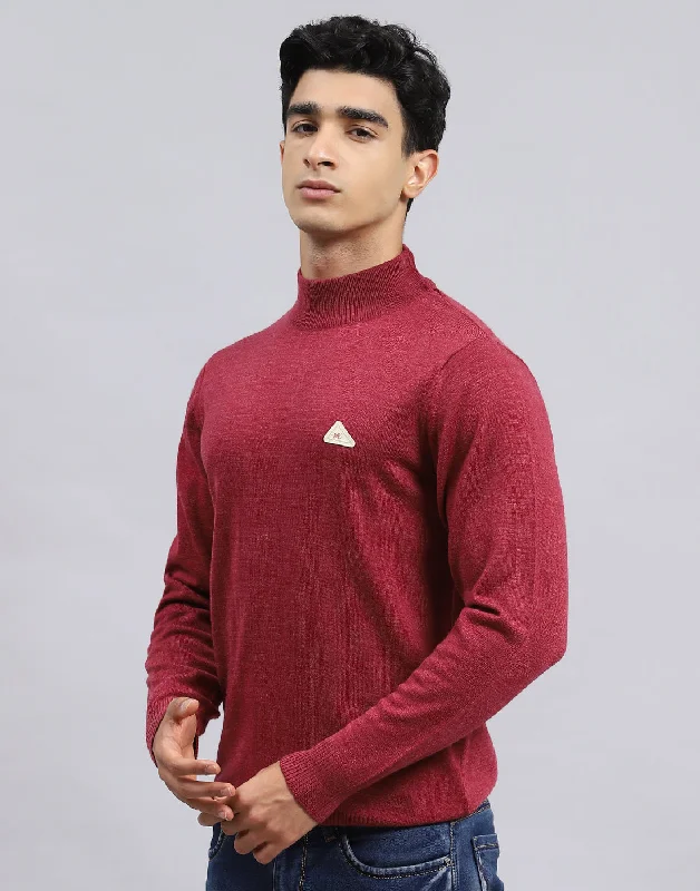 Men's Sweaters with A-Line ShapesMen Red Solid Turtle Neck Full Sleeve Pullover