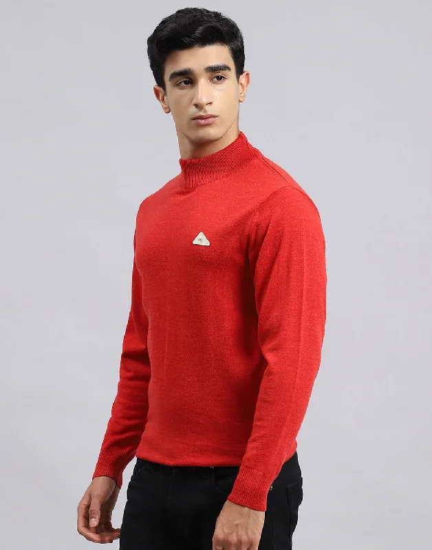 Men's Sweaters with Hoods and DrawstringsMen Red Solid Turtle Neck Full Sleeve Pullover